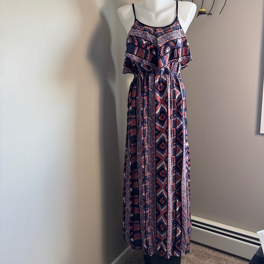 Angie Women's Sleeveless Babydoll Aztec Maxi Dress Spaghetti Strap Small Boho